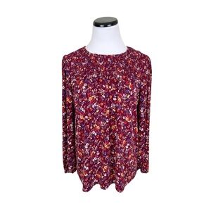 Kaileigh Floral Smocked Long Sleeve Stretch Blouse Top Red Multicolor Large